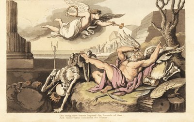 Der Skelett des Todes und Vater Zeit liegen unter dem Engel der Ewigkeit. Handkolorierte Kupferplatte gezeichnet und graviert von Thomas Rowlandson aus The English Dance of Death, Ackermann, London von Thomas Rowlandson