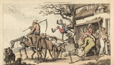 Der Tod und der alte Mann Zeit kommen, um den alten Ehemann von Goody Barton zu holen, aber der Wagen ist bereits voller Leichen. Handkolorierte Kupferplatte, gezeichnet und graviert von Thomas Rowlandson aus The English Dance of Death, Ackermann, London von Thomas Rowlandson