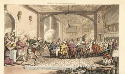 Der Skeletttod bringt ein tödliches Leckerbissen zu einem gefräßigen Fest in einer großen Halle. Handkolorierte Kupferplatte gezeichnet und graviert von Thomas Rowlandson aus The English Dance of Death, Ackermann, London von Thomas Rowlandson
