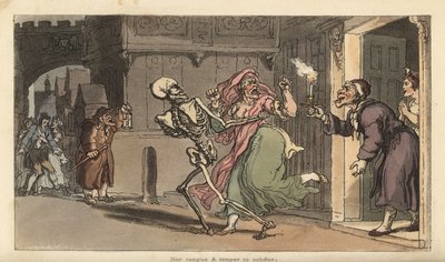 Der Tod trägt eine Virago aus einem Haus, während ein Nachtwächter mit Laterne zusieht. Handkolorierte Kupferplatte gezeichnet und graviert von Thomas Rowlandson aus The English Dance of Death, Ackermann, London von Thomas Rowlandson