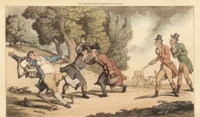 Der Tod trägt einen Verwundeten weg, bevor der Arzt ihn nach einem tödlichen Duell mit Pistolen in einem Park behandeln kann. Handkolorierte Kupferplatte gezeichnet und graviert von Thomas Rowlandson aus The English Dance of Death, Ackermann, London von Thomas Rowlandson