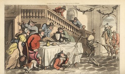 Der Tod kommt für einen Jäger, der sich nach einer Fuchsjagd unter einem Tisch versteckt. Handkolorierte Kupferplatte, gezeichnet und graviert von Thomas Rowlandson aus The English Dance of Death, Ackermann, London von Thomas Rowlandson