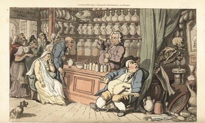 Das Skelett des Todes mahlt langsames Gift in der Werkstatt des Quacksalbers, während der Quacksalber ein tödliches Mittel in eine Flasche gießt. Handkolorierte Kupferstichzeichnung und -gravur von Thomas Rowlandson von Thomas Rowlandson