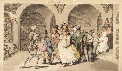 Das Skelett des Todes führt eine Gruppe von Touristen durch die Katakomben in Paris. Handkolorierte Kupferstichzeichnung und -gravur von Thomas Rowlandson von Thomas Rowlandson