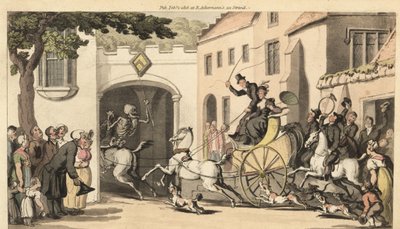 Der Tod reitet vor einem hohen Tandem, das den nächsten Erben zu seinem Untergang unter einem niedrigen Bogen führt. Handkolorierte Kupferplatte gezeichnet und graviert von Thomas Rowlandson aus The English Dance of Death, Ackermann, London von Thomas Rowlandson