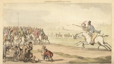 Das Skelett des Todes reitet mit einem Mann zum Wettposten auf einer Rennstrecke, während Kinder ein Lottospiel spielen. Handkolorierte Kupferplatte gezeichnet und graviert von Thomas Rowlandson aus „The English Dance of Death“, Ackermann, London von Thomas Rowlandson