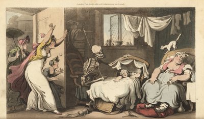 Der Skelett des Todes wiegt die Wiege eines Babys, während die Nanny schläft und die verzweifelte Mutter nach Hause kommt. Handkolorierte Kupferplatte gezeichnet und graviert von Thomas Rowlandson aus The English Dance of Death, Ackermann, London von Thomas Rowlandson