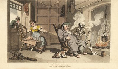 Das Skelett des Todes raucht eine Pfeife am Kamin mit dem alten Gaffer Goodman, während seine junge Frau von einem Verehrer am Fenster verführt wird. Handkolorierte Kupferplatte gezeichnet und graviert von Thomas Rowlandson aus „The English Dance of Death“ von Thomas Rowlandson