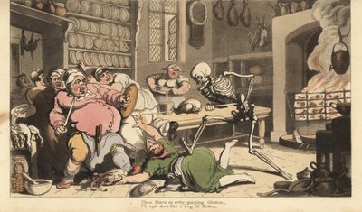 Der Skeletttod ersticht einen fetten Koch mit einem Spieß, der ein Brathähnchen hält. Handkolorierte Kupferplatte gezeichnet und graviert von Thomas Rowlandson aus The English Dance of Death, Ackermann, London von Thomas Rowlandson