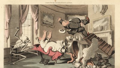 Der Tod wirft seinen Pfeil auf einen Mann, der von einer Treppe fällt, während er eine Uhr über dem Kamin aufzieht. Er fällt auf seine Frau in einem Stuhl (Handkolorierte Kupferstich von Thomas Rowlandson) von Thomas Rowlandson