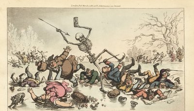 Das Skelett des Todes mit Pfeil und Sanduhr, das auf einem zugefrorenen Teich Schlittschuh läuft, während andere Schlittschuhläufer durch das gebrochene Eis fallen. Handkolorierte Kupferstichzeichnung und -gravur von Thomas Rowlandson aus The English Dance von Thomas Rowlandson