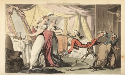 Der Skelett des Todes mit seiner Sanduhr kommt für eine schöne Kokette in ihrem Schlafzimmer. Handkolorierte Kupferplatte gezeichnet und graviert von Thomas Rowlandson aus The English Dance of Death, Ackermann, London von Thomas Rowlandson