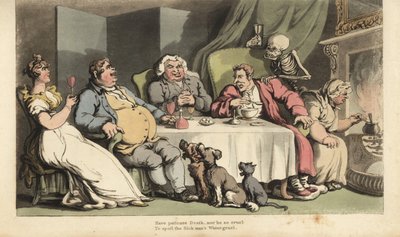 Das Skelett des Todes mit Sanduhr kommt für den kranken Mann, während er Grütze am Esstisch mit seinen Trinkkumpanen vor dem Kamin isst. Handkolorierte Kupferplatte, gezeichnet und graviert von Thomas Rowlandson aus The English Dance of Death, Ackermann, L von Thomas Rowlandson