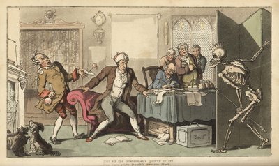 Der Staatsmann in seinem Büro wird von der skelettierten Figur des Todes mit seiner Krone und seinem Pfeil überrascht, die hinter einem Bildschirm hervorkommt. Handkolorierter Kupferstich von Thomas Rowlandson aus The English Dance of Death, Ackermann, Lon von Thomas Rowlandson