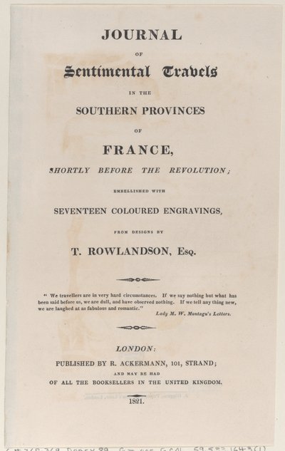 Titelseite, aus Journal of Sentimental Travels in the Southern Provinces of France, 1821 von Thomas Rowlandson