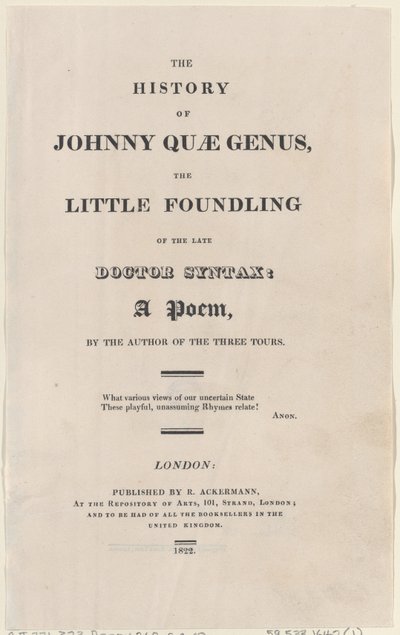 Titelseite, aus Die Geschichte von Johnny Quae Genus, Der kleine Findling des verstorbenen Doktors..., 1822 von Thomas Rowlandson