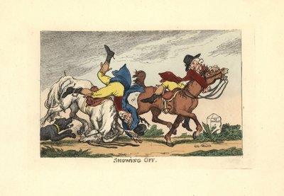 Zwei Männer fallen von ihren Pferden nach dem Angeben von Thomas Rowlandson