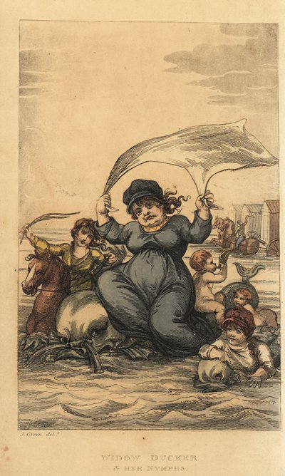 Witwe Ducker und ihre Nymphen. Frauen und Kinder baden im Meer mit Delfinen und Badehäusern. Handkolorierte Kupferstichgravur von Thomas Rowlandson nach einer Skizze von J. Green aus Poetical Sketches of Scarborough, Ackermann, London von Thomas Rowlandson