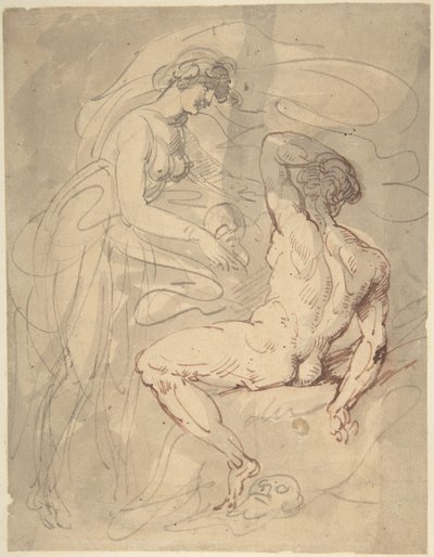 Frau spricht mit einem sitzenden männlichen Akt von Thomas Rowlandson