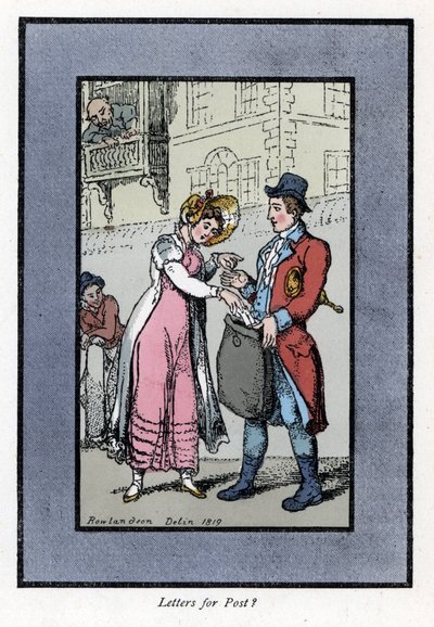 Frau bezahlt und steckt einen Brief in eine Tasche, die von einem Mitarbeiter der britischen Royal Post Office getragen wird. Holzstich, basierend auf einem Gemälde von Thomas Rowlandson (1756-1827), veröffentlicht in The Cris of London. von Thomas Rowlandson