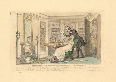 Frau schläft an einem Schreibtisch, während ein Mann ihre geheimen Gedanken liest von Thomas Rowlandson