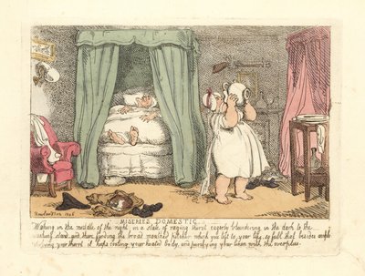 Frau verschüttet nachts einen Krug Wasser über sich von Thomas Rowlandson
