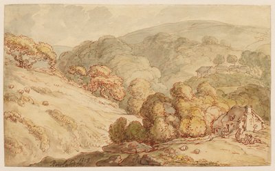 Bewaldete Hügellandschaft mit Hütte und Figuren von Thomas Rowlandson