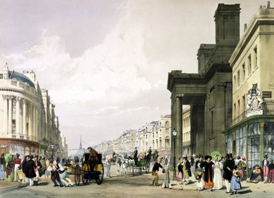 Regent Street in Richtung Quadrant mit Hanover Chapel im Vordergrund und promenierenden Käufern, 1842 von Thomas Shotter Boys