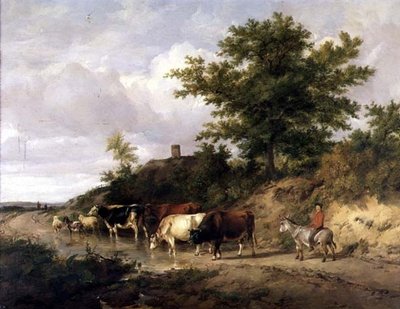 Waldlandschaft mit einem Jungen auf einem Esel und Vieh an einer Furt von Thomas Sidney Cooper