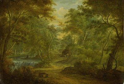 Waldlandschaft mit einem Bach und einem Fischer von Thomas Smith of Derby
