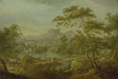 Eine imaginäre Landschaft mit einem Wagen und einer fernen Ansicht einer Stadt von Thomas Smith of Derby