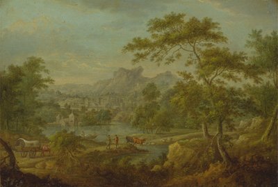 Eine imaginäre Landschaft mit einem Wagen und einer fernen Ansicht einer Stadt von Thomas Smith of Derby