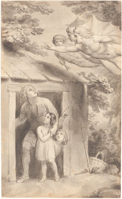 Peter und seine Kinder, besucht von drei fliegenden Figuren von Thomas Stothard