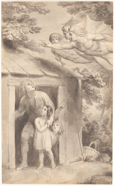 Peter und seine Kinder werden von drei fliegenden Gestalten besucht von Thomas Stothard