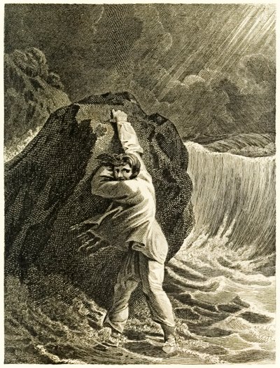 Robinson Crusoe Schiffbruch und klammert sich an einen Felsen aus 