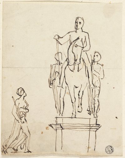 Skulptur eines Reiters begleitet von zwei stehenden Figuren, mit Skizze einer der letzteren von Thomas Stothard