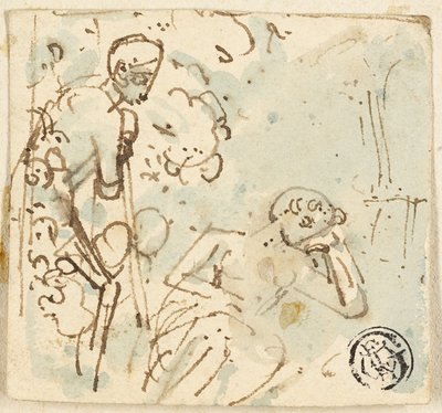 Skizze eines Mannes, der sich auf einen Stab lehnt und eine schlafende Frau betrachtet von Thomas Stothard