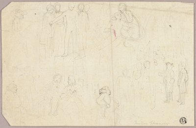 Skizzen für Tristram Shandy (recto); Skizzen eines Medaillons mit sitzender allegorischer Figur (verso) von Thomas Stothard