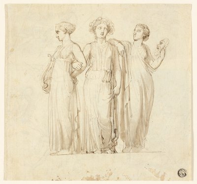 Drei Musen (recto); Studie eines Ritters und Mönchs für eine Illustration in einem gotischen Roman (verso) von Thomas Stothard