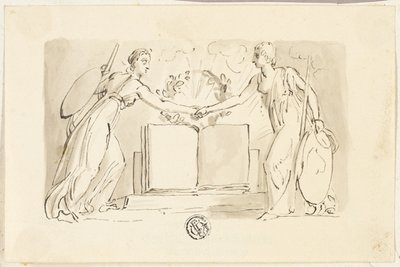 Zwei allegorische weibliche Figuren, die Hände vor einem Buch halten von Thomas Stothard