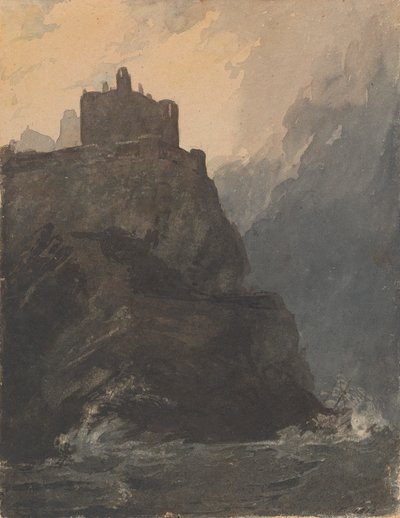 Schloss auf einer Klippe, mit stürmischer See und Schiffswrack am Fuß der Klippe von Thomas Sully