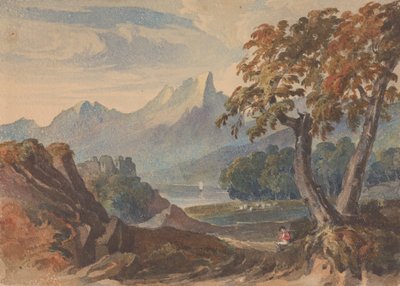 Landschaft mit Bergen, See, Schloss, sitzender Figur im Vordergrund von Thomas Sully