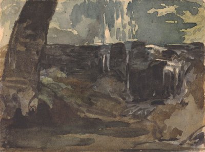 Felsige Landschaft, großer Baumstamm im Vordergrund von Thomas Sully