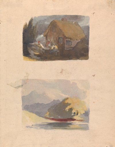 Zwei Zeichnungen auf einem Blatt: Hütte mit Figuren davor (Nr. 15); Landschaft mit Fluss und Bergen - Sonnenschein (Nr. 16) von Thomas Sully