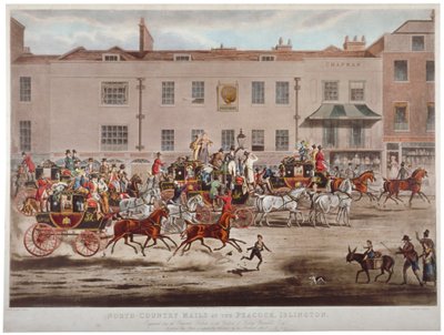 Postkutschen vor dem Peacock Inn in der Islington High Street, London, 1823 von Thomas Sutherland