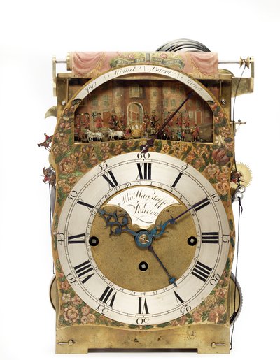 Detail einer George III grünen und vergoldeten Japanned-Musikautomaten-Tischuhr, die die Parade des Lord Mayor darstellt, ca. 1780 von Thomas Wagstaff or Wagstaffe