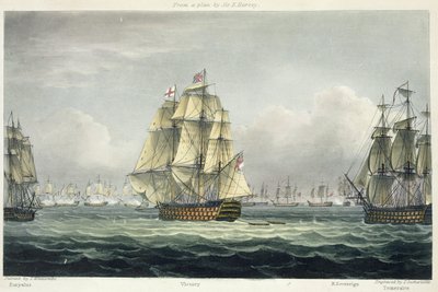 HMS Victory segelt zur französischen Linie flankiert von der Euryalus und HMS Temeraire in der Schlacht von Trafalgar, 21. Oktober 1805, graviert von T. Sutherland für 