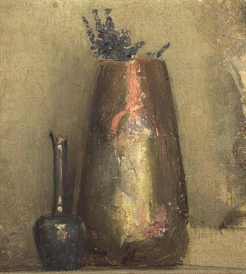 Stillleben mit zwei Vasen auf einem Regal von Thomas William Roberts