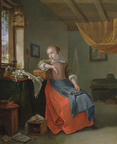 Eine sitzende Frau in einem Interieur, die aus dem Fenster schaut von Thomas Wyck