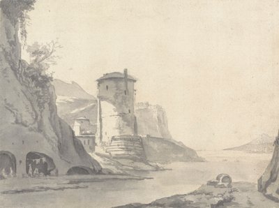 Ein Dorf in einer felsigen Küstenbucht (Italienisch?) mit Rundturm am linken Ufer von Thomas Wyck
